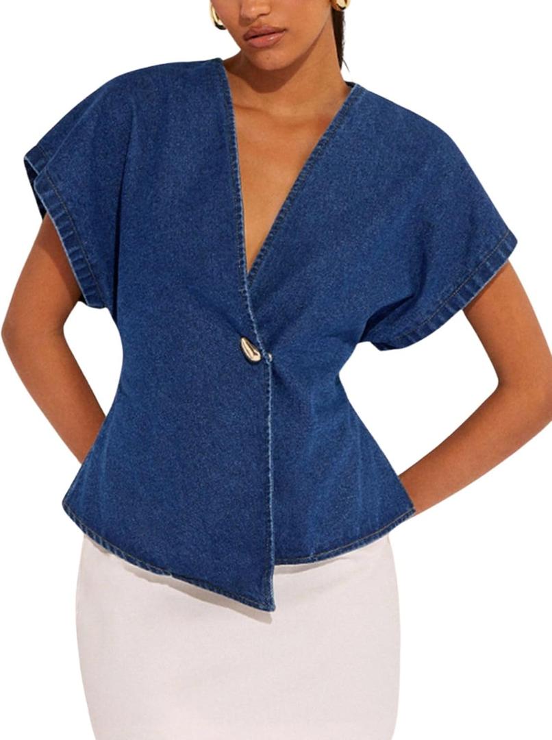 Floerns Women's Asymmetrical Denim Blouses Button Dolman Sleeve Wrap V Neck Jeans Tops