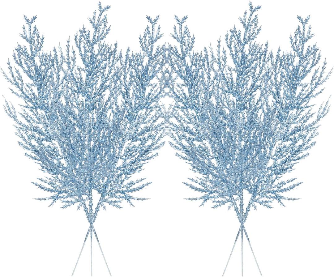 Christmas Glitter Stems 24pcs Artificial Pine Tree Picks for Christmas Tree Ornaments fillers, DIY Xmas Wreath, Crafts, Garland, Holiday, Party, Wedding and Home Decoration (Light Blue)