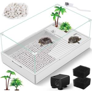 Large Turtle Tank (Tank + Water Pump), Acrylic Turtle Tank Starter Kit with Upgrade Rain Shower Head, Adjustable 5W Water Pump, Higher Fences and Multi-Function Areas. (L)