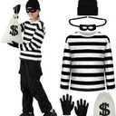 5PCS Kids Robber Costume Set,Bank Burglar Costume Shirt with Accessories,Halloween Robber Cosplay Outfits for Boys Girls (L(11-13yrs))