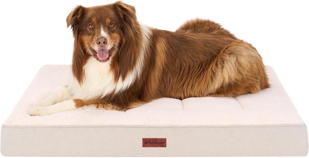 Furhaven Orthopedic Dog Bed  Classic Cushion with Plush Tufted Top, Supportive Foam Mattress, Removable Washable Cover, Joint Relief - Wheat, Jumbo