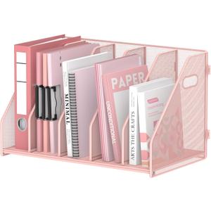 SUPEASY Binder Organizer, Magazine File Holder with 5 Vertical Compartments Rack, Metal Desk File Organizer & Binder Holders, Magazine Organizers for Office Desktop, Home, School, Classroom (Pink)