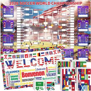 2026 World Soccer Cup Schedule Poster 4-Piece Set, 63 x 44 Inch Extra Large Premium Polyester Match Tracker, Waterproof Wrinkle-Resistant Chart with Flag Banner, 384 Flag Stickers & 96 Water Tattoos