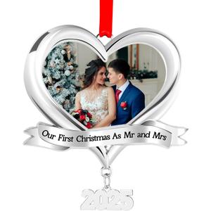3 x Our First Christmas Married Personalized Photo Ornament 2025 As Mr. and Mrs - Our First Christmas Married Xmas Tree Picture Frame Ornament - 1st Xmas Bridal Shower Photo Ornaments Keepsake Gift