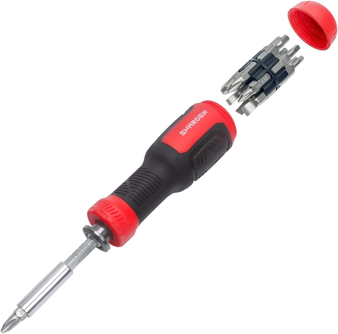 SHARDEN Multi Screwdriver 13-in-1 Screw Driver Adjustable Screwdriver Set Multitool All in One with Torx Security, Flat Head, Phillips, Hex, Square and 1/4 Nut Driver (Extendable-NoRatchet, Red)