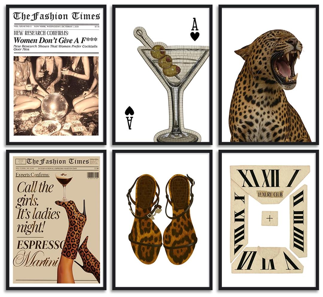 Trendy Leopard Print Wall Art Vintage Magazine Fashion Woman Picture Wall Decor Funky Cheetah and Espresso Martini Y2K Aesthetic Poster Coquette Preppy Print Artwork for Girly Apartment,