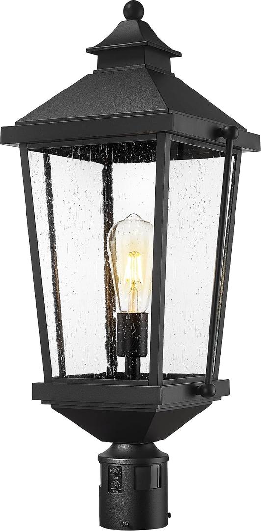 zeyu 360 Exterior Post Light Fixture, 25 Inch Dawn to Dusk Motion Sensor Light, 4 Lighting Modes, Die-Cast Aluminum with Seeded Glass Shade, Black Finish, ZW105P-M-SE BK