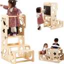 Toddler Tower, Toddler Stool for Kitchen, Kids Learning Wooden Tower, Foldable Weaning Table with Kids Step Stool, Montessori Standing Tower for Bathroom and Kitchen Counter