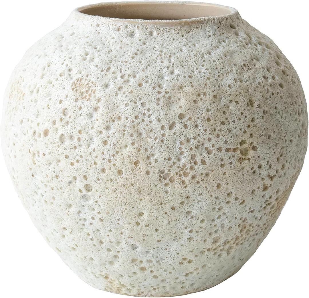 White Ceramic Vase Flower Vase, Big Textured Round Vase for Centerpieces, Kitchen, Living Room, Bedroom Decor Gifts (8" x 8.5" x 8.5")