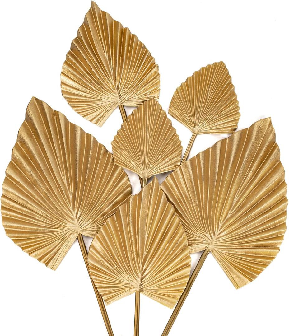 6 Pcs Pu Foam Artificial Golden Leaf Faux Palm Tropical Leaves Fake Palm Fronds for DIY Wedding Bouquets Fake Leaves for Centerpieces Arrangements Bridal Shower Leaf Stem for Party Home Decor-Gold