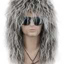 VGbeaty Adult Men Women Long Curly Gray Gradient White Wig 70s 80s Rocker Mullet Halloween Costume Cosplay Wig