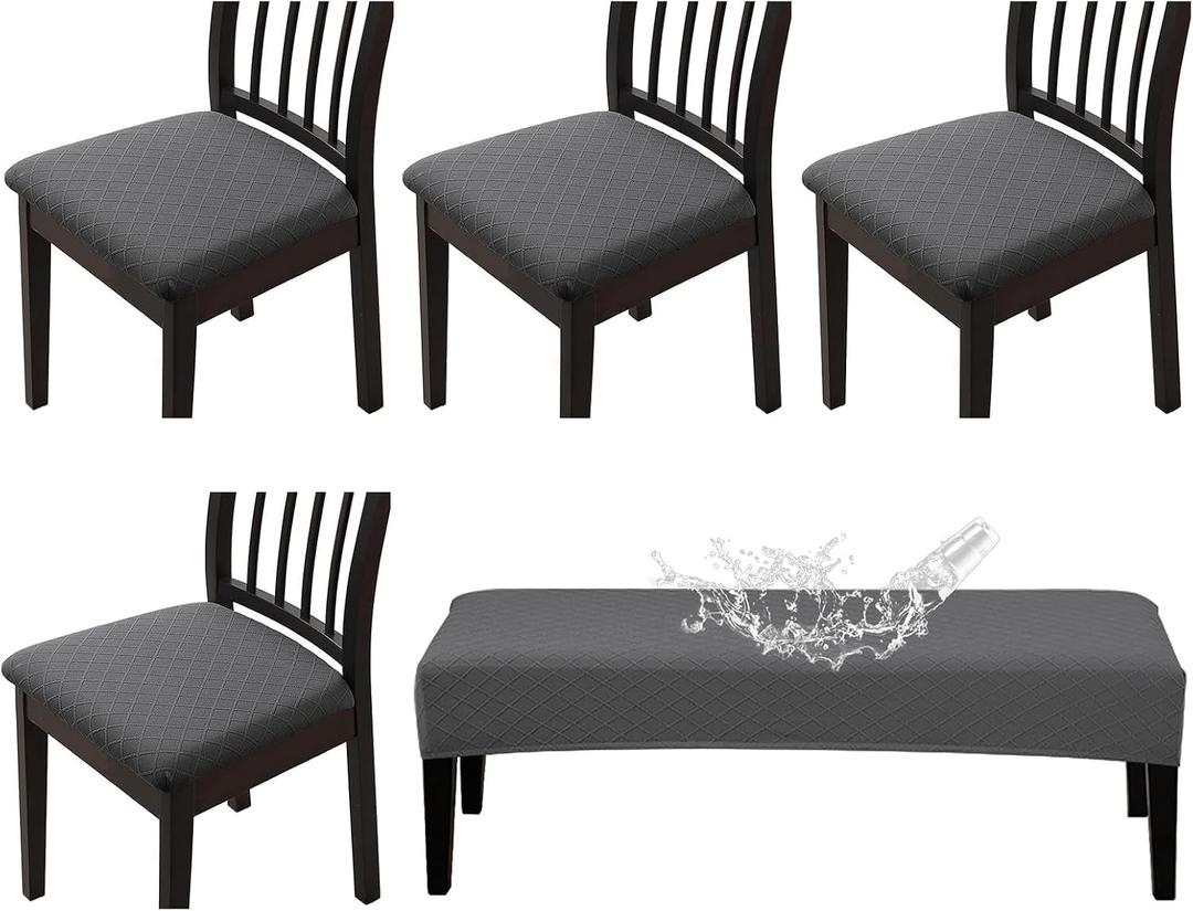 CALBODE Waterproof Seat Covers for Dining Room Chairs Set of 4 with Stretch Bench Slipcover Jacquard Chair Covers Removable Washable Kitchen Chair Seat Cushion Protector(Dark Gray, 5 PCS)