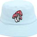 2 x Mushroom Embroidered Bucket Hat for Men Women Girl, Light Blue Summer Travel Fisherman Beach Sun Hat Embroidery Outdoor Cap (Blue)