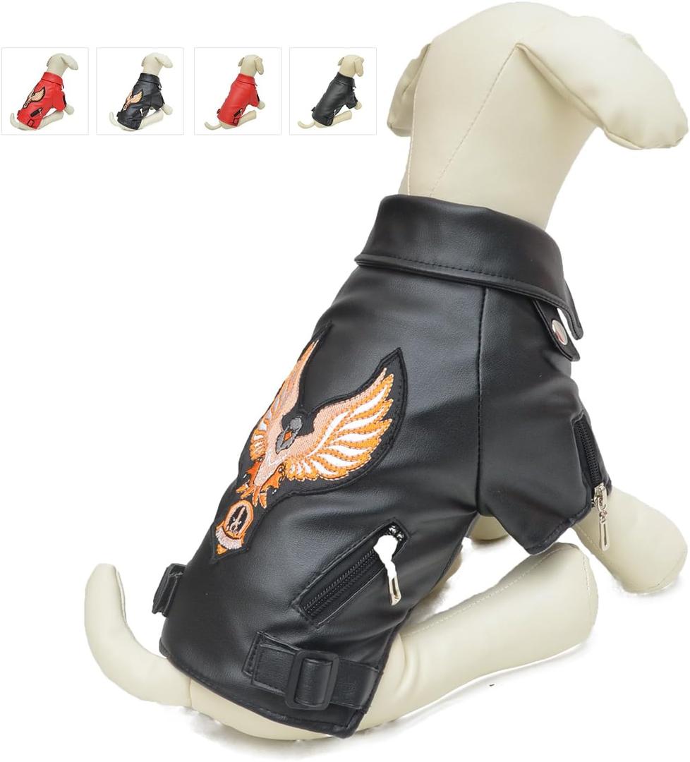 Lovelonglong Cool Dog Leather Jacket, Warm Coats Dogs Windproof Cold Weather Coats for Large Medium Small Dogs with Eagle Embroidery Black XXL