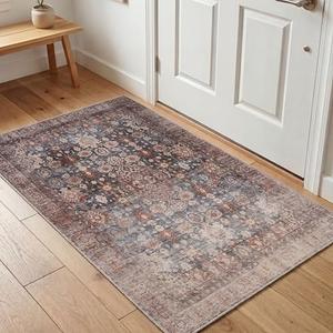 Kuden 3x5 Small Rug, Machine Washable, Non-Slip Backing, Vintage Style, Soft, Low Pile, Area Rugs for Entryway Kitchen Indoor Entrance
