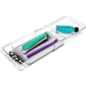 madesmart Expandable Dental Tray Drawer Organizer with Drying Stone, Clear Plastic Drawer Organizer for Toothbrush, Dental Floss, Water Flosser, Mouthwash