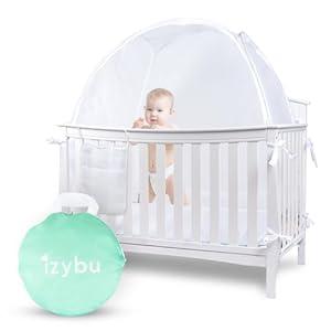 Izybu Baby Crib Tent – See Through Mesh Crib Net to Keep Baby in - Safety Crib Tent to Keep Baby from Climbing Out, Air Circulating Design for Comfort with Self Locking Zippers - Pop Up Crib Tent