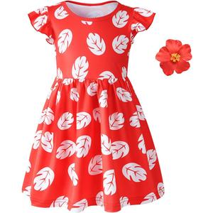 Little Girls Costume Dress with 4inch Hawaiian Red Flower Hair Clip Toddler Red Leaf Dress Halloween Cosplay Outfit. 140 cm (7t, 8t)