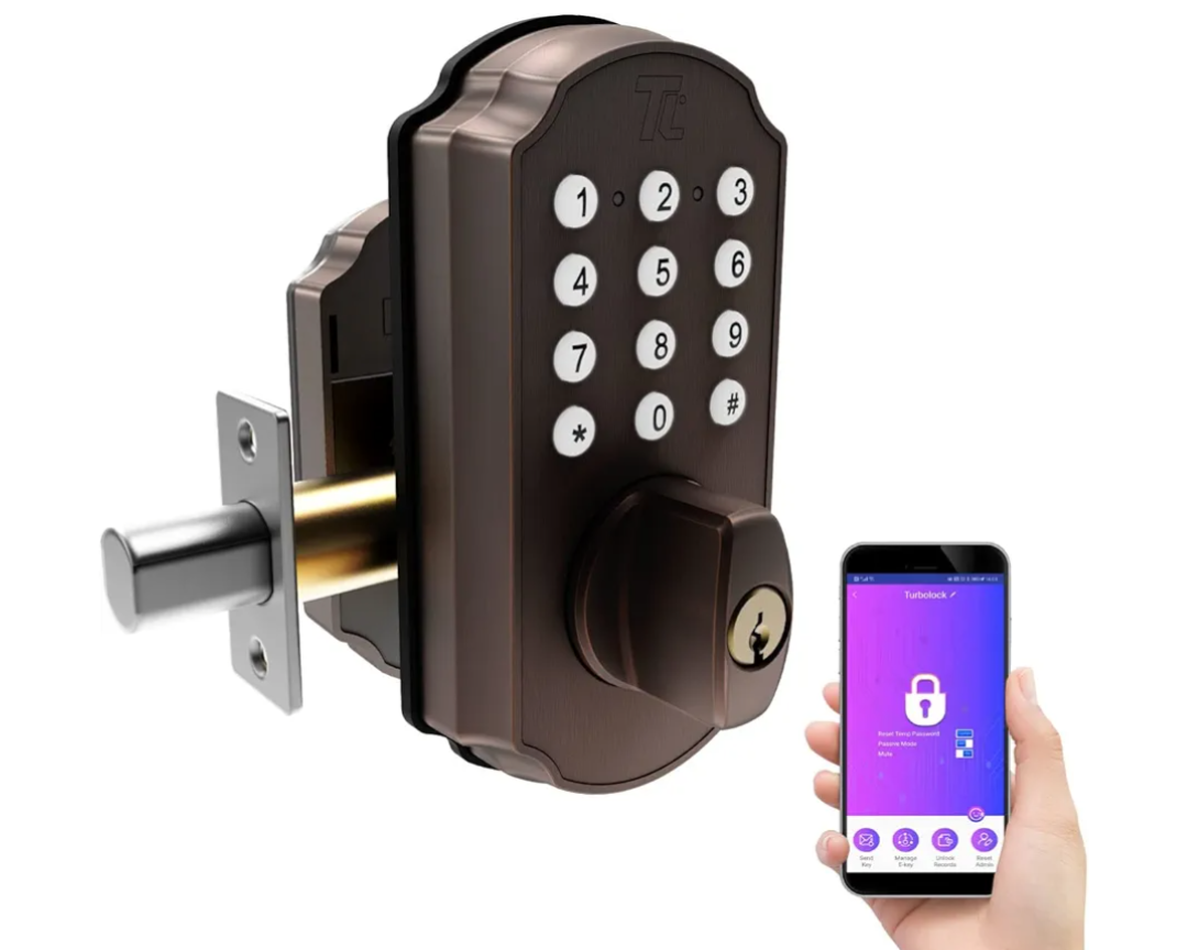 TURBOLOCK TL115 Smart Lock with Keypad and Voice Prompts | Digital Deadbolt w/App for Unlimited eKeys | Code Disguise, Backup Keys + Micro-USB Port — Ready for Thicker Doors (IP65) (Bronze)