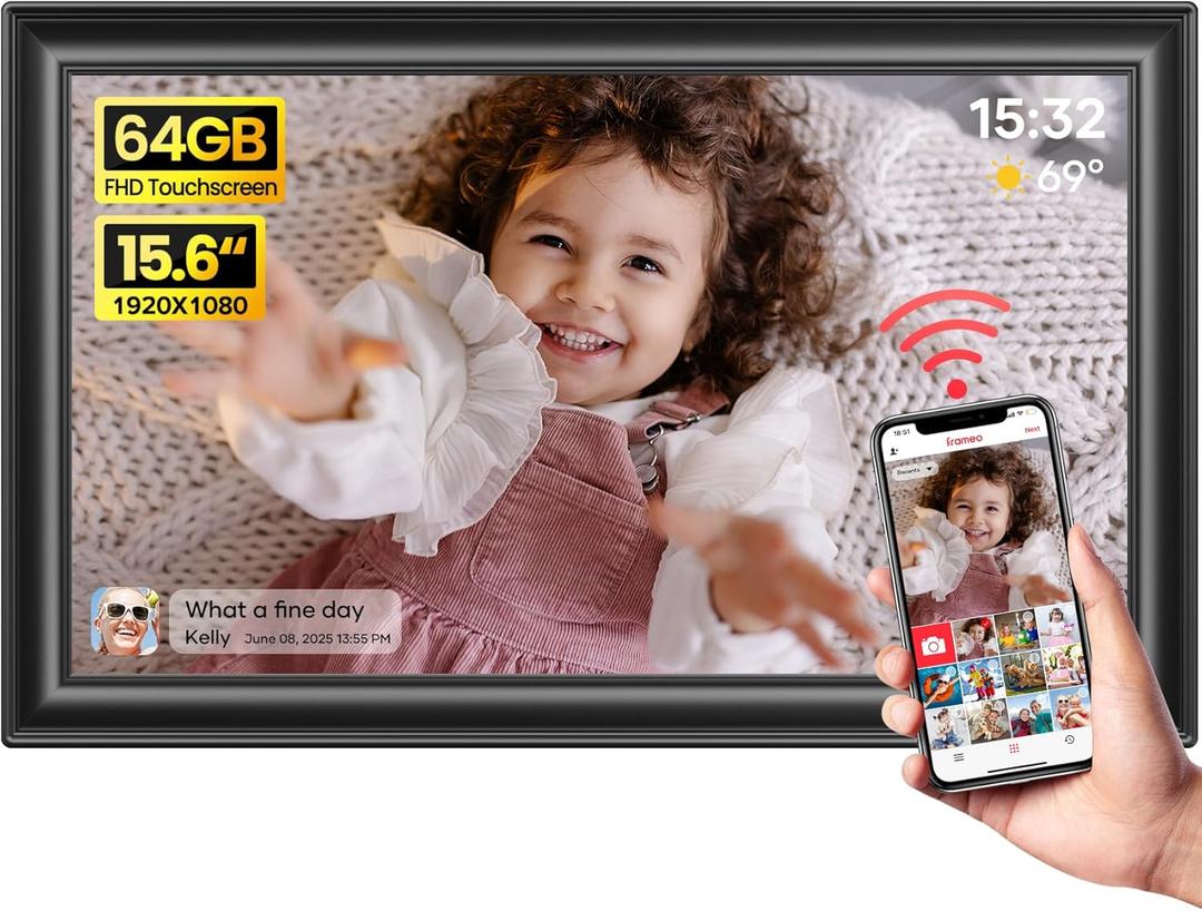 64GB 15.6" Frameo Digital Picture Frame WiFi, Large Electronic Photo Frames 1920 x 1080 IPS FHD Touch Screen, Send Photos from Your Phone from Anywhere, Best Gifts for Parents and Grandparents