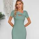 VICHYIE Womens Summer Dresses Cutout One Piece Ribbed Bodycon Mini Short Sleeve Casual Slim Fitted Pencil Dresses (Green, XL)