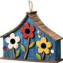 Glitzhome Bird Houses for Outside, 15" L Oversized Distressed Solid Wood Birdhouse with 3D Flowers Rustic Three-Story Villa Decorative Hand-Painted Hanging Bird Houses for Outdoors,Washed Blue