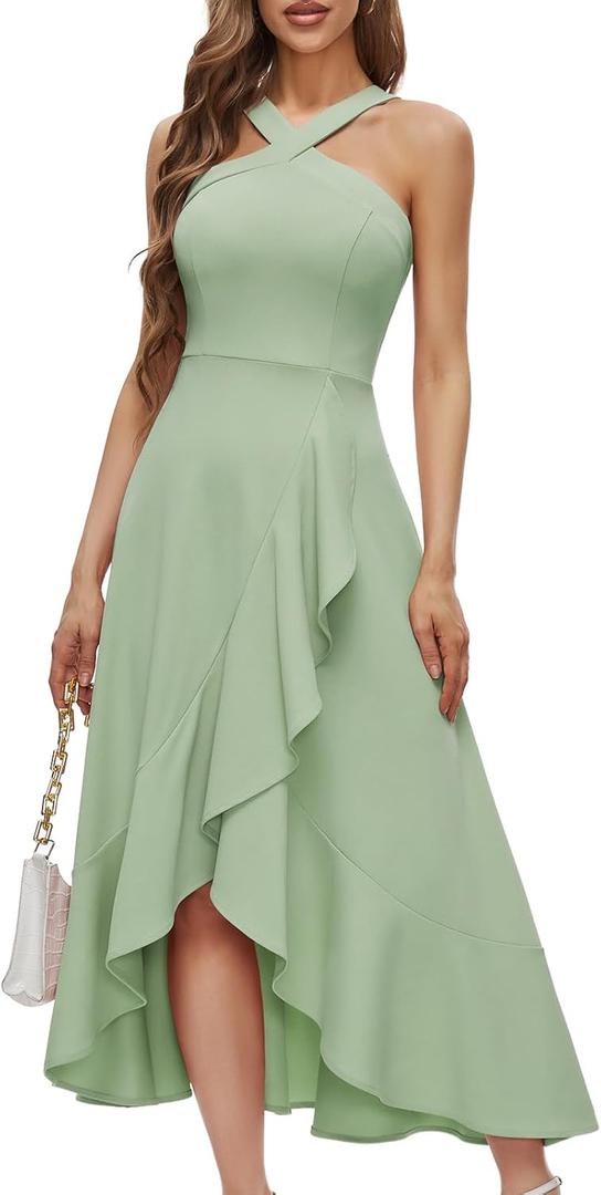 Bbonlinedress Halter Cocktail Women Dresses Prom Formal Wedding Bridesmaid Dress Ruffled Maxi Hi-Lo Evening Party 2025 Dress (3X-Large, Light Green)