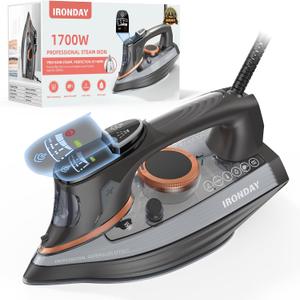 IRONDAY Steam Iron for Clothes with LCD Screen, 1700W Iron NonStick Ceramic Soleplate, Auto Shutoff, SelfCleaning, AntiDrip, Steam Burst, Spray Mist 10.14oz Water Tank Ironing Clothes for Home,Grey