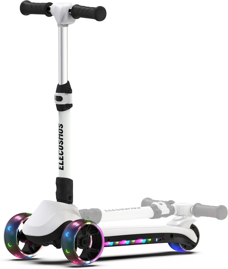 ELECOSMOS Safe Electric Scooter for Kids 4+, Balance for Beginner, Thumb Throttle, Flash Deck, Extra Wide Light Up Big Wheels, Adjustable Heights, 5 MPH Safe Speed, UL2272 Certified (White) ELECOSMOS Safe Electric Scooter for Kids 4+, Balance for Beginner, Thumb Throttle, Flash Deck, Extra Wide Light Up Big Wheels, Adjustable Heights, 5 MPH Safe Speed, UL2272 Certified (White)