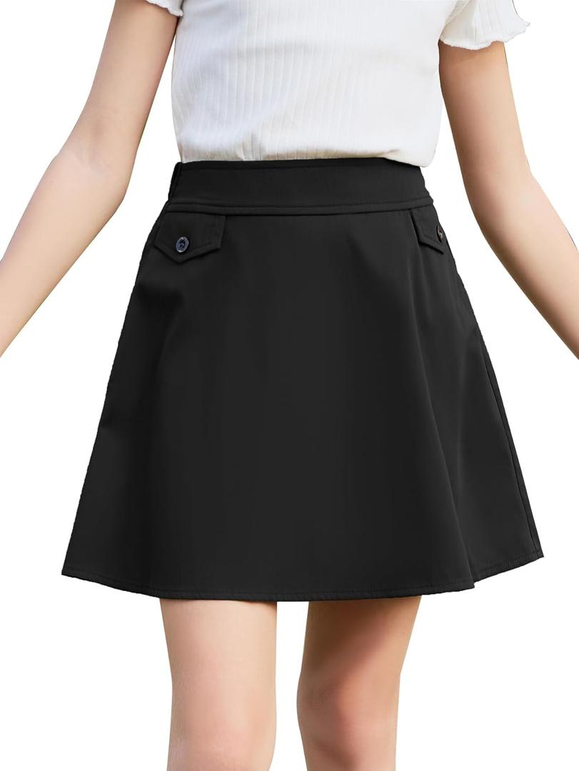 GORLYA Girls Modest Simple Casual Vintage Elastic Waist A-Line Short Skirt for 6-14Y Kids (Black)