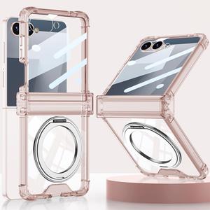 Magnetic Kickstand Case for Samsung Galaxy Z Flip 7 with Screen Protector & Hinge Protector, Fit for MagSafe, 360 Rotatable Stand, Slim Shockproof Anti-Yellow Transparent Flip 7 Mag Case Clear Pink