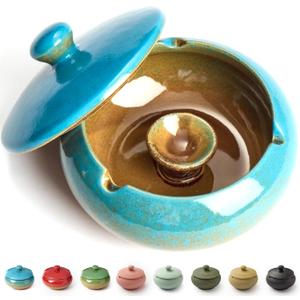 Ashtray with Lid for Outside Patio, Windproof Ash tray, Ceramic Smokeless Ashtray for Outdoor Home Office Tabletop Patio Outdoor Balcony, Blue