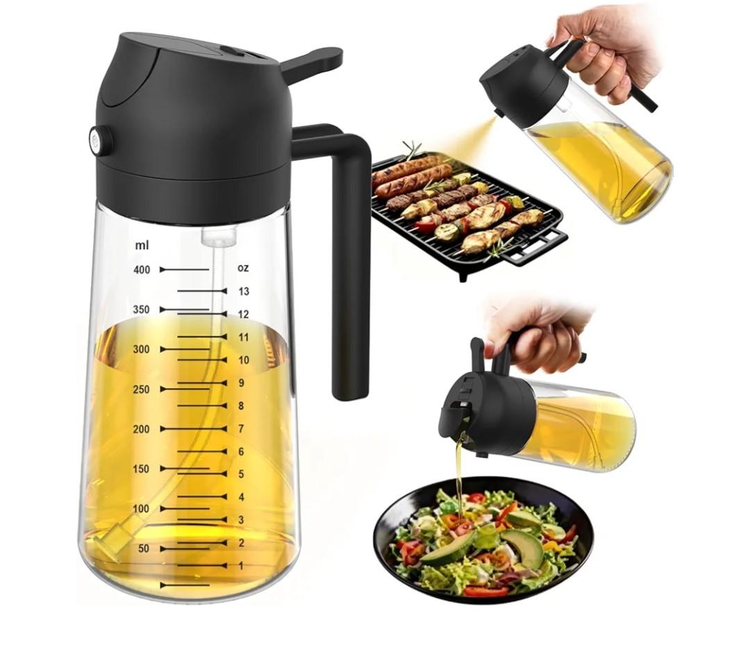 TrendPlain 16oz/470ml Glass Olive Oil Sprayer for Cooking – 2 in 1 Olive Oil Dispenser Bottle for Kitchen Gadgets and Air Fryer Accessories, Salad, BBQ - green and white