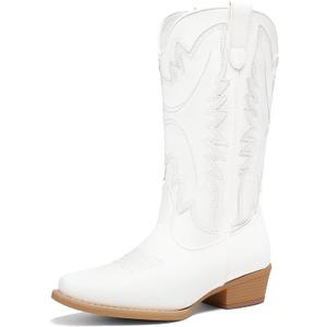 DREAM PAIRS Cowboy Boots for Women Cowgirl Western Mid Calf Boots Snip Toe Embroidered Stitched Low Chunky Heel Pull On Fashion Boots (9, White)