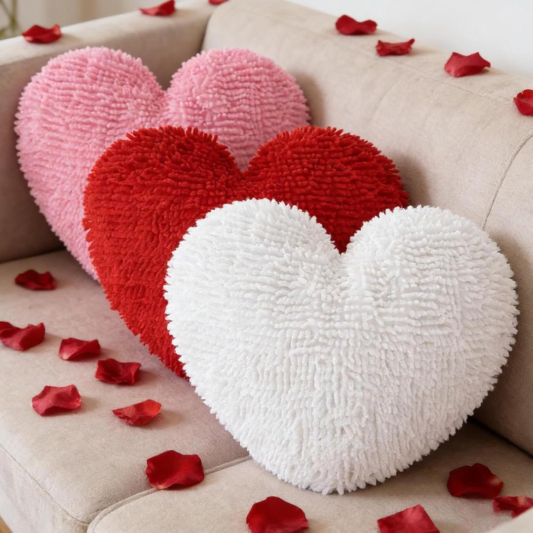Cumule 3Pcs Valentine's Day Heart Pillows Plush Large Love Heart Pillows Red Ivory Pink Pillows for Valentines Day Living Room Bedroom Decor