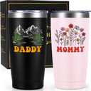 Qtencas Gifts for Parents, Mom and Dad Gifts, Daddy and Mommy insulated Travel Tumbler Set, Pregnancy Announcement, New Parent Present for Couples, Christmas Birthday Present, 20 Oz Black & Pink