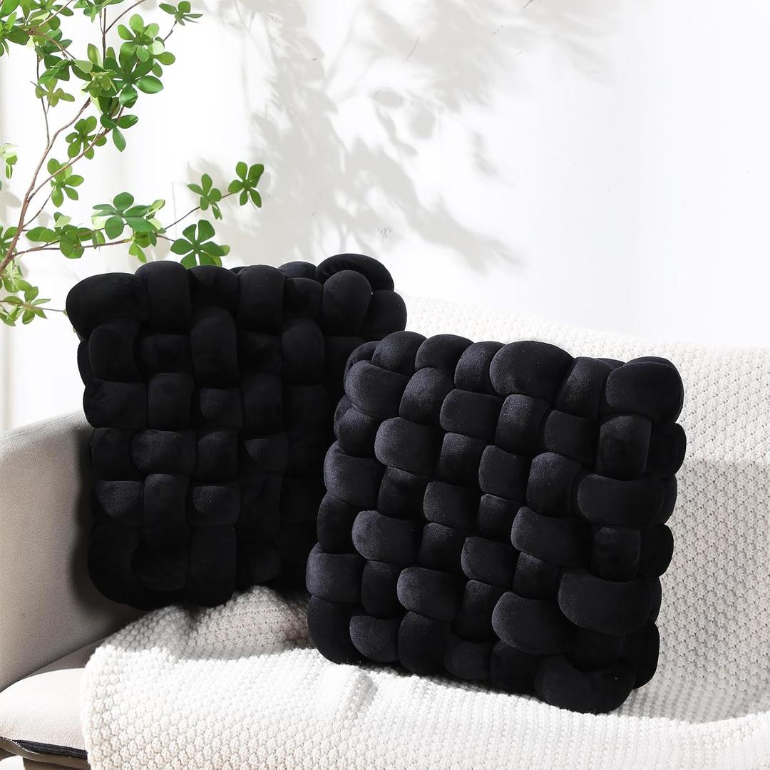 Wenqik 2 Pcs Knot Pillow Soft Throw Pillow Home Decoration Cushion Square Office Knotted Plush Throw Cushion for Living Room Bedroom Sofa Couch Living Room Decor, 12'' x 13''(Black)