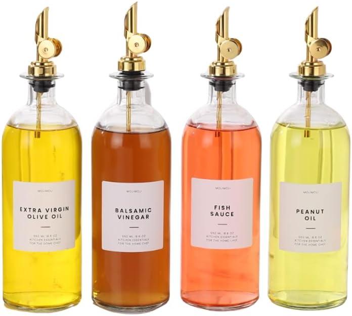 Molimoli Oil and Vinegar Dispenser with Metal Pour Spout, Weighted Pourer, Glass Bottle Dispenser for Kitchen, Olive Oil Cruet, Glass Olive Oil Bottle | 500ml, Set of 4 (Gold)