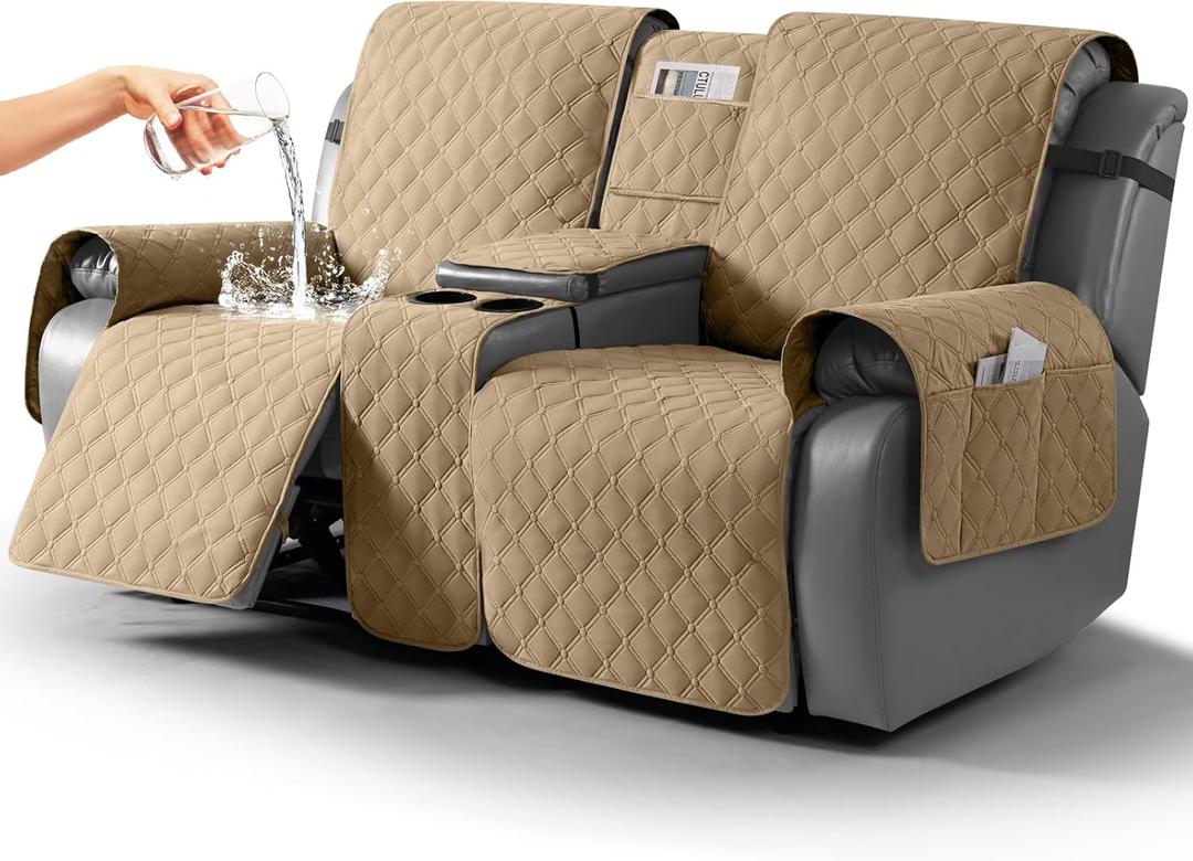 TAOCOCO 100% Waterproof Loveseat Recliner Cover with Center Console, Reversible Reclining Couch Cover for 2 Seats with Leg Straps, Washable Split Sofa Cover Protector for Pets Kids (Camel)