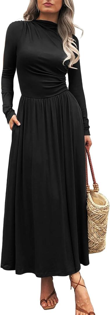 Women's Long Sleeve Maxi Dress 2025 Fall Crewneck Knit Plain Empire Waist Casual Slim Pleated Dresses with Pockets (Large, Black)