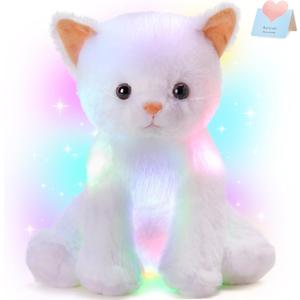 Houwsbaby Light up Cat Stuffed Animal LED Glowing Kitty Plush Toy Floppy Kitten Toy Night Lights Birthday Presents for Kids Toddler Girls, White, 12''