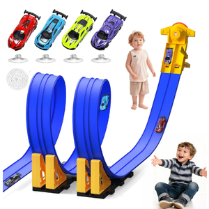Flex Race Track 16 Ft with Start Gate Accessories Compatible with Diecast 1/64th Cars, Flexible Car Track Toys for Ages 3+ Kids Toddlers Roll Out Portable Racetrack (Blue)