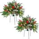 Set of 2 Christmas Tree Urn Filler, Lighted Artificial Xmas Pine Trees with Tripod Stake, Battery Powered Outdoor Christmas Trees for Porch, Driveway, Yard (14 Pine Cones)