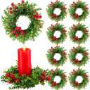 8 Pcs Christmas Pillar Candle Rings 2 Inch Center Small Xmas Kitchen Cabinet Wreath 6 Inch Mini Artificial Boxwood Berry Wreath Bulk for Holiday Table Centerpiece Window Door Wall Chair Decor