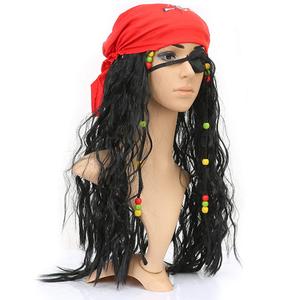 Boieo Pirate Wig for Women Men, Pirate Costume Women Men Halloween, Black Hair Wigs with Accessories, Headband Bandana Head Scarf Set, Adult Captain Hat Eye Patch