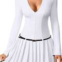 DAAWENXI Women's Sexy Deep V Neck Mini Dress Long Sleeve Pleated Bodycon A Line Party Club Short Dresses White
