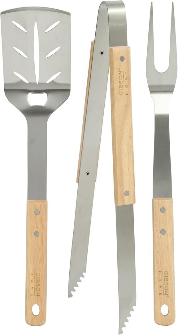Gibson Home Barbeque Plus 3 Piece BBQ Tools W/Rubberwood Handles