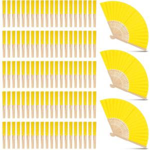 Yinkin 100 Pack Folding Fans Bamboo Handheld Folded Craft Hand Japanese Chinese Fans for Weddings Bridal Dancing Church DIY Decoration Women Gift Party Favors (Yellow)