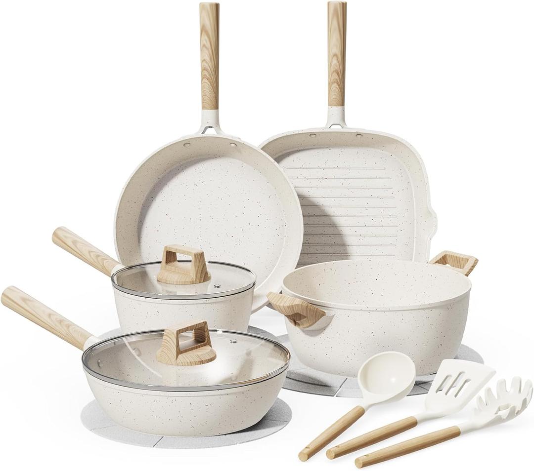 14 Piece Pots and Pans Set Non Stick, Premium Ceramic Cookware Set with Utensils, Large Capacity, Healthy and Non Toxic, Induction Ready, PTFE/PFAS/PFOA Free, Cream White
