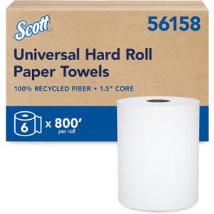Scott Professional Universal 100% Recycled Fiber Hard Roll Paper Towels, Bulk (56158), Hardwound 1.5" Core, Absorbency Pockets, Compressed, White (6 Rolls at 800' Each, 4,800'/Case)